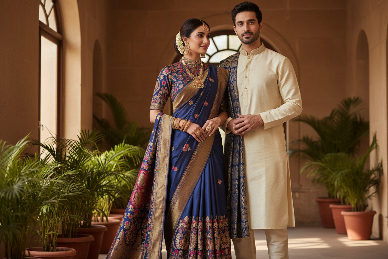a women and man standing nearly ,women wear a saree while man wear a kurta pajama 