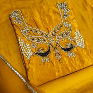Premium Yellow Glass Organza Unstitched Suit Material with Handcrafted Peacock Zardozi & Patra Gota Patti Work