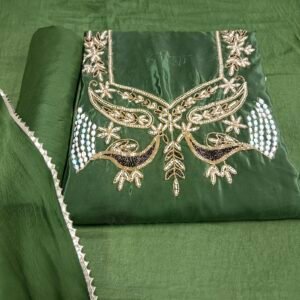Premium Green Glass Organza Unstitched Suit Material with Handcrafted Peacock Zardozi & Patra Gota Patti Work