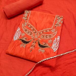 Premium Glass Organza Unstitched Suit Material with Handcrafted Peacock Zardozi & Patra Gota Patti Work